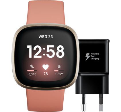 Fitbit Versa 3 Goud/Roze + Samsung Adaptive Fast Charging Oplader 15W Zwart