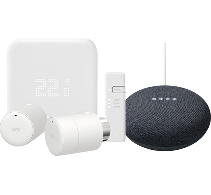 Tado Slimme Thermostaat V3+ Startpakket + 2 radiatorknoppen + Google Nest Mini Grijs