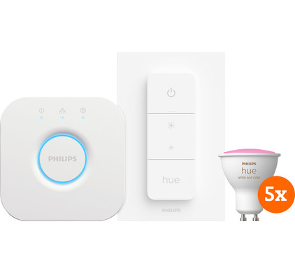 Philips Hue White and Color Starter Pack GU10 met 5 lampen, dimmer + bridge