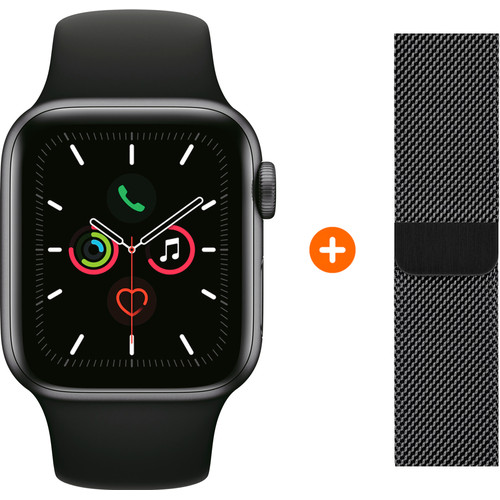 Apple Watch Series 5 44mm Space Gray Zwarte Sportband + Polsband Milanees Spacezwart