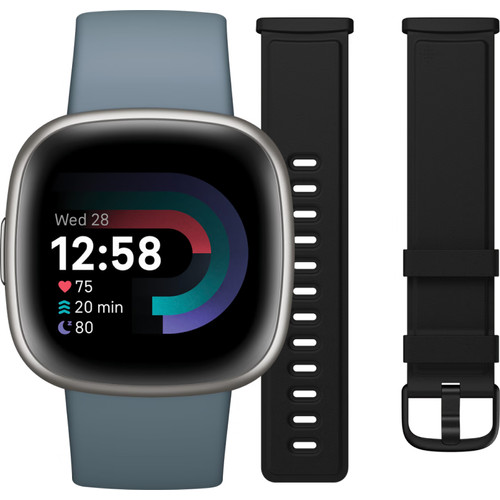 Fitbit Versa 4 Blauw/Zilver + Leren Bandje Zwart S