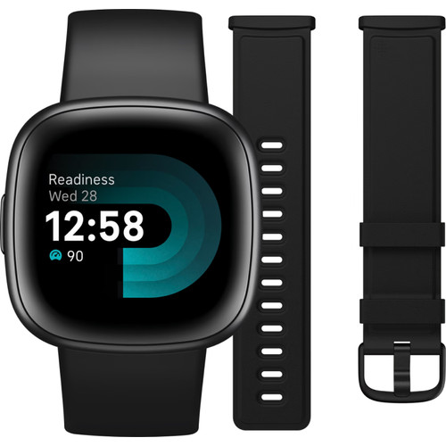 Fitbit Versa 4 Zwart + Leren Bandje Zwart S