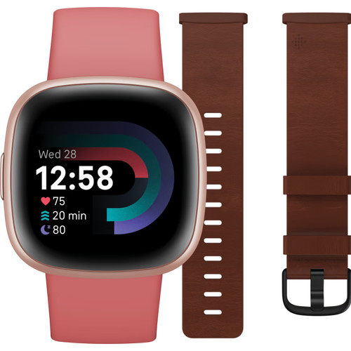 Fitbit Versa 4 Roze + Leren Bandje Bruin S