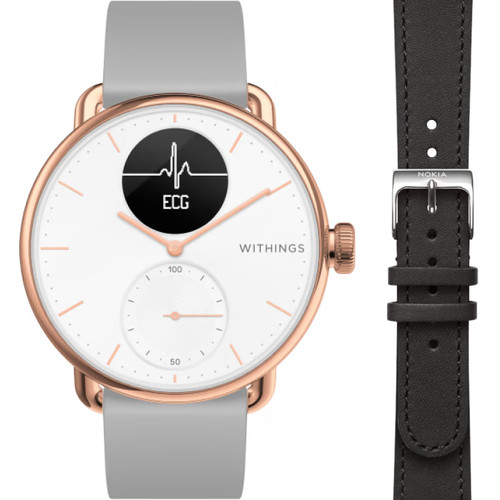 Withings Scanwatch Roségoud 38 mm + Withings Leren Bandje Zwart 18mm