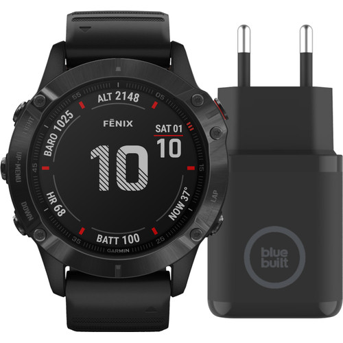 Garmin Fenix 6 Pro Zwart 47 mm + BlueBuilt Quick Charge Oplader met Usb A Poort 18W Zwart