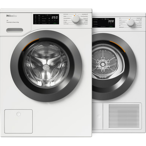 Miele WEC 388 WCS + Miele TEC 648 WP: wasmachine en droger naast elkaar