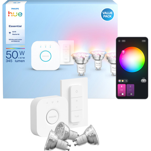 Philips Hue Essential White and Color Starter Pack GU10 3-pack + Bridge + Dimmer