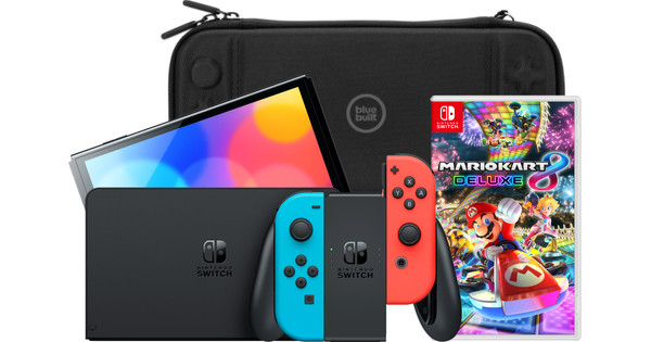 Nintendo Switch OLED Blue/Red + Mario Kart 8 Deluxe + BlueBuilt Travel ...