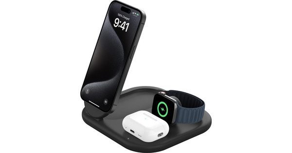 AMEGAT 3-in-1 oplaadstation compatibel met MagSafe, 15W draadloze koellader, oplaadstandaard Qi2 gecertificeerd voor iPhone 16/15/14/13/12, Samsung S25, Apple Watch, AirPods (45W PD-oplader inbegrepen