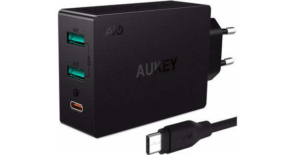 Botsing pack Opvoeding Aukey PA-Y4 Quick Charge 3.0 Oplader 2 USB Poorten en 1 usb c poort zwart -  Coolblue - Voor 23.59u, morgen in huis