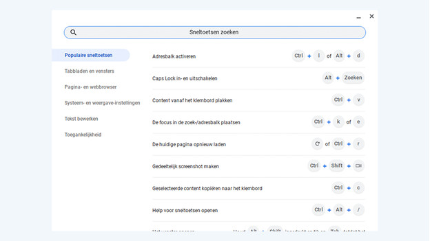 Menu met toetsencombinaties in Google Chrome