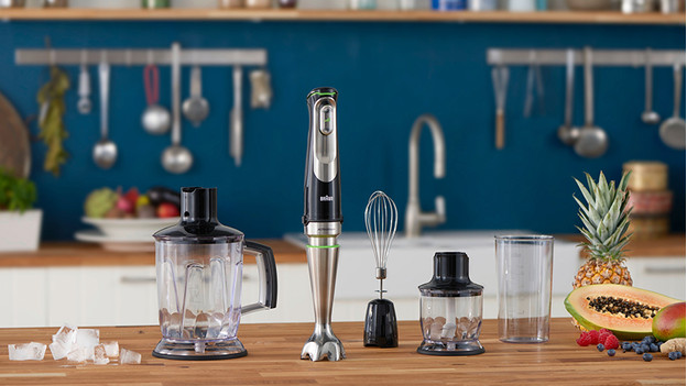 Immersion blenders with food chopper, balloon whisk, and measuring cup