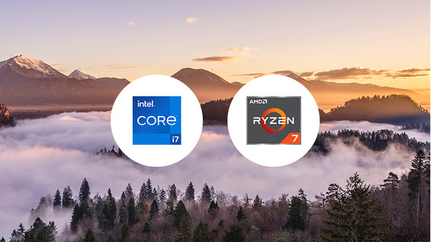 Intel Core i7 en AMD Ryzen 7 iconen met op de achtergrond een berglandschap. 