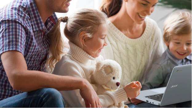 Family watches a movie on a Chromebook