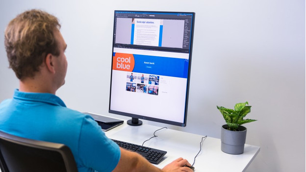 Specialist kijkt naar het scherm van de LG DualUp