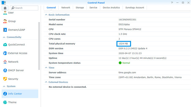 RAM checken in info center synology