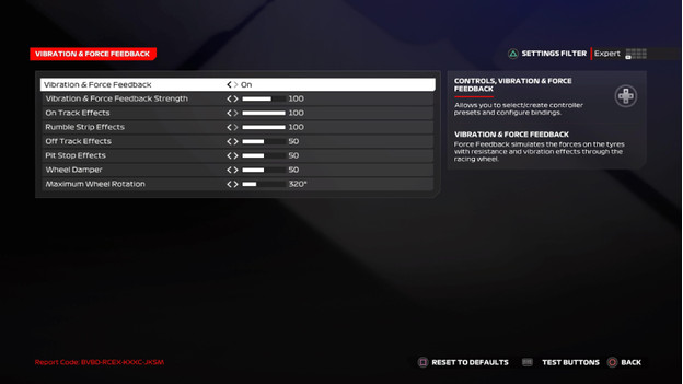 Force feedback controller settings F1 24