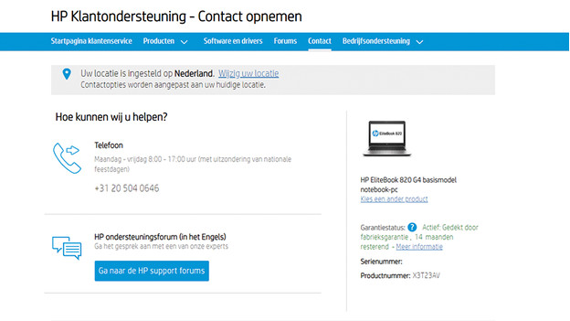 De contactopties op de website van HP.