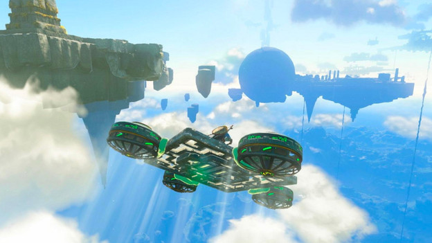 Link vliegt door de lucht met zijn eigen drone