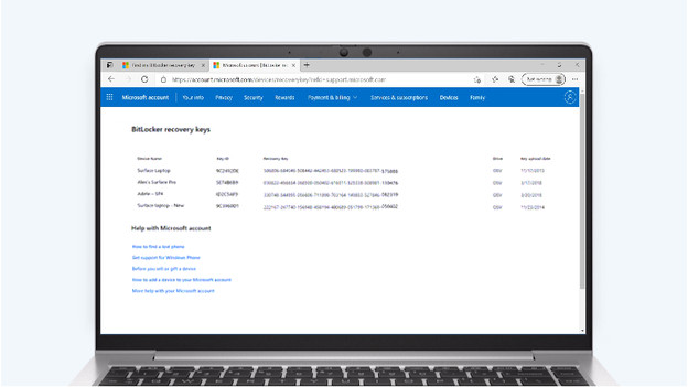 You can find the recovery keys for your BitLocker account on the Microsoft website