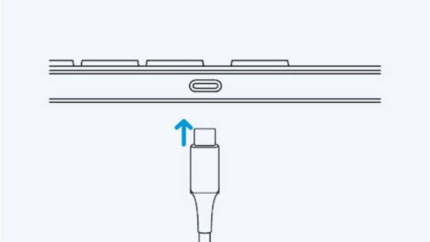 De usb c poort op het Bluebuilt Pro toetsenbord