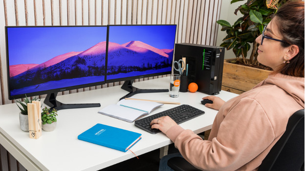 Vrouw werkt op desktop. 