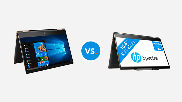 Twee omgeklapte HP 2-in-1 laptops. 