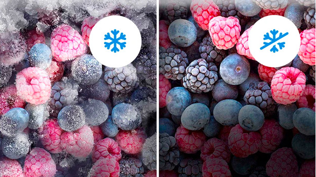 Frozen fruit with ice buildup and without