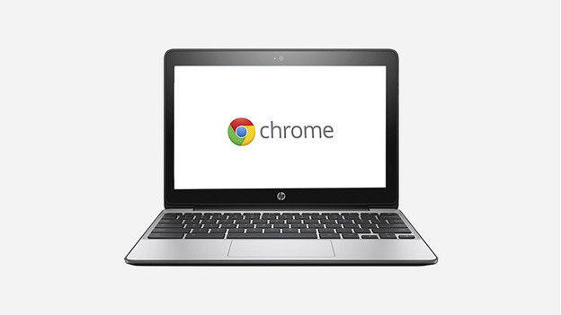 An HP Chromebook with the Chrome OS logo.