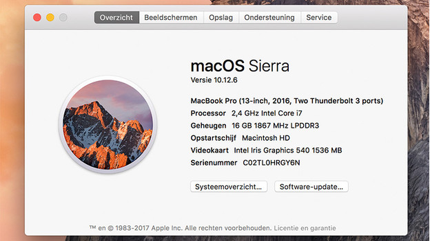 Het venster dat toont welke iMac je gebruikt. In dit geval heeft deze iMac 16GB LPDDR3 RAM met een kloksnelheid van 1867 Megahertz.