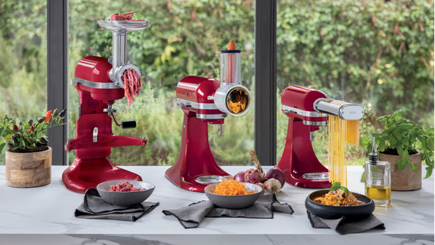 KitchenAid stand mixers with various attachments