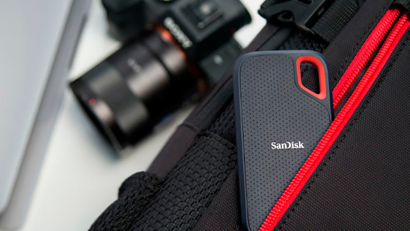 A SanDisk Extreme Portable SSD in a camera bag