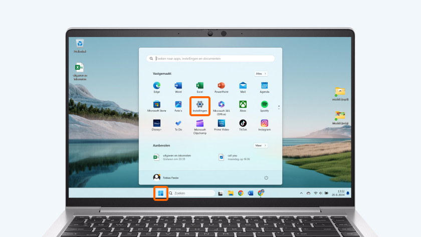 Klik op de Windows knop en ga naar 'Instellingen'.