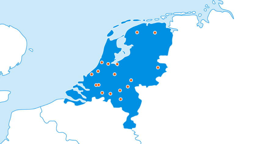 Kaart van Nederland met Coolblue winkels.