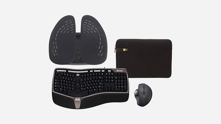 A keyboard, mouse, laptop sleeve, and mousepad.