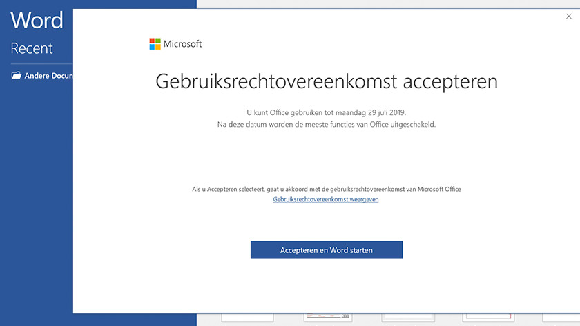 Office license agreement screen