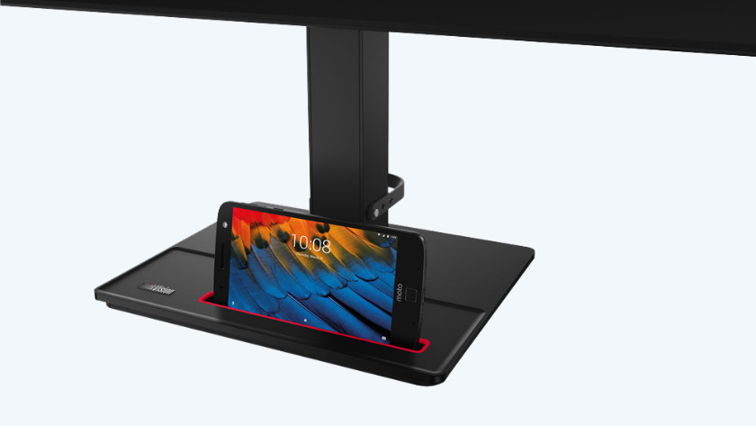 Phone mount in the monitor base of a Lenovo monitor