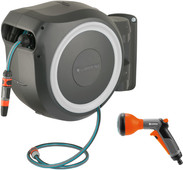 GARDENA Wall Hose Box 35 RollUp XL White + GARDENA Classic Multifunctional Spray Nozzle Regular garden hose