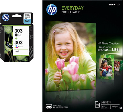 HP 303 Cartridges Combo Pack + 100 vellen A4 fotopapier is nooit meer leverbaar
