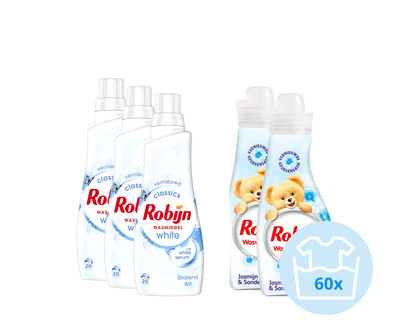 Robijn Klein &amp; Krachtig - 3x Wasmiddel Stralend Wit en 2x Jasmijn &amp; Sandelhout Wasverzacht is nooit meer leverbaar