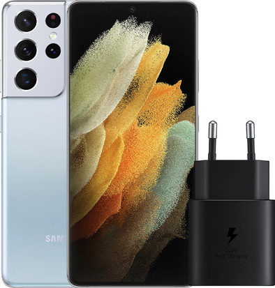 Samsung Galaxy S21 Ultra 128GB Zilver 5G + Samsung Snellader Zonder Kabel 25W is nooit meer leverbaar