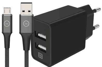 XtremeMac Oplader met 2 Usb A Poorten 12W + BlueBuilt Micro Usb Kabel 1,5m Nylon Zwart is nooit meer leverbaar