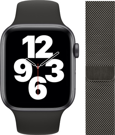 Apple Watch SE 44mm Space Gray Aluminium Zwarte Sportband + Polsband Milanees Grafiet is nooit meer leverbaar