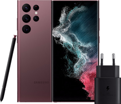 Samsung Galaxy S22 Ultra 128GB Rood 5G + Samsung Oplader 25 Watt Zwart is nooit meer leverbaar