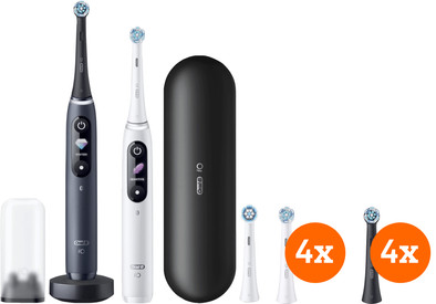Oral-B iO 8n Zwart en Wit Duopack + iO Ultimate Clean opzetborstels (8 stuks) is nooit meer leverbaar