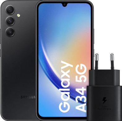 Samsung Galaxy A34 128GB Zwart 5G + Samsung Snellader Zwart is nooit meer leverbaar