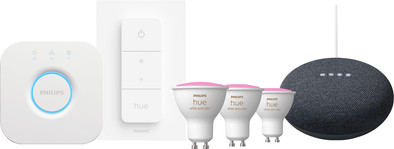 Philips Hue White and Color Starter Pack GU10 3-pack + dimmer + Bridge + Google Nest Mini is nooit meer leverbaar