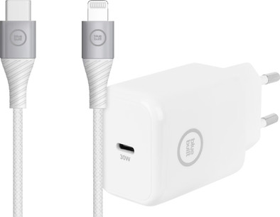 BlueBuilt Power Delivery Oplader Usb C 30W Wit + Lightning Kabel 1,5m Nylon Wit is nooit meer leverbaar