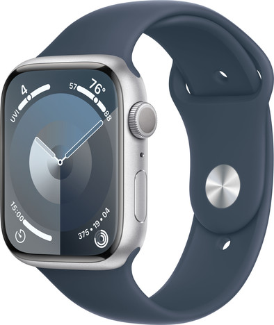 Apple Watch Series 9 45mm Zilver Aluminium Sportband Blauw M/L is nooit meer leverbaar