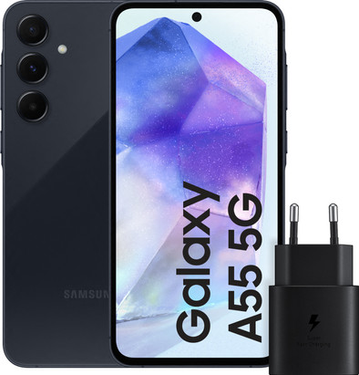 Samsung Galaxy A55 256GB Donkerblauw 5G + Samsung 25 Watt Snellader Zwart is nooit meer leverbaar